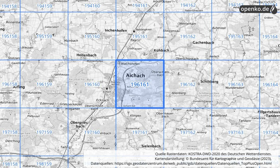 Übersichtskarte des KOSTRA-DWD-2020-Rasterfeldes Nr. 196161