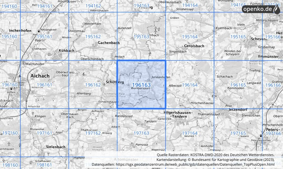 Übersichtskarte des KOSTRA-DWD-2020-Rasterfeldes Nr. 196163