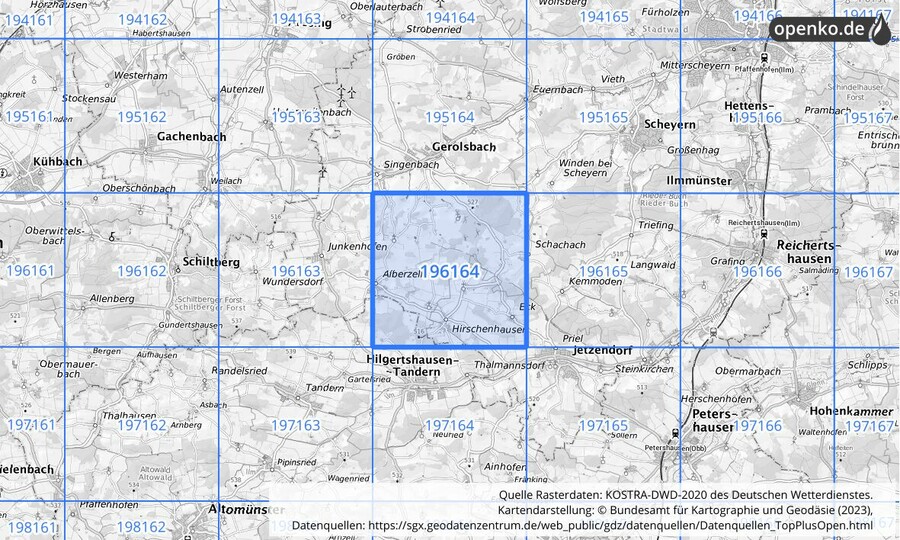 Übersichtskarte des KOSTRA-DWD-2020-Rasterfeldes Nr. 196164
