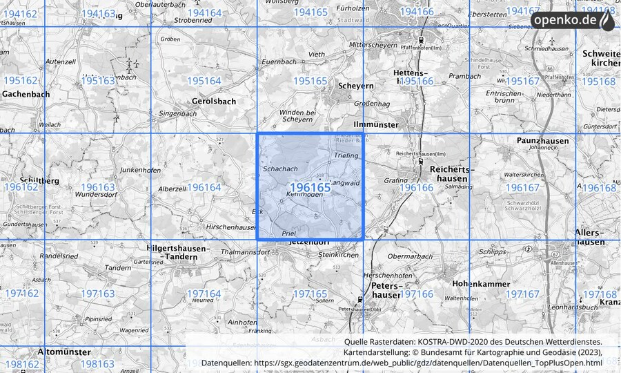 Übersichtskarte des KOSTRA-DWD-2020-Rasterfeldes Nr. 196165