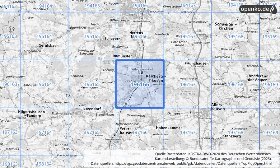 Übersichtskarte des KOSTRA-DWD-2020-Rasterfeldes Nr. 196166