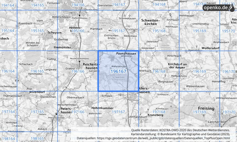 Übersichtskarte des KOSTRA-DWD-2020-Rasterfeldes Nr. 196167