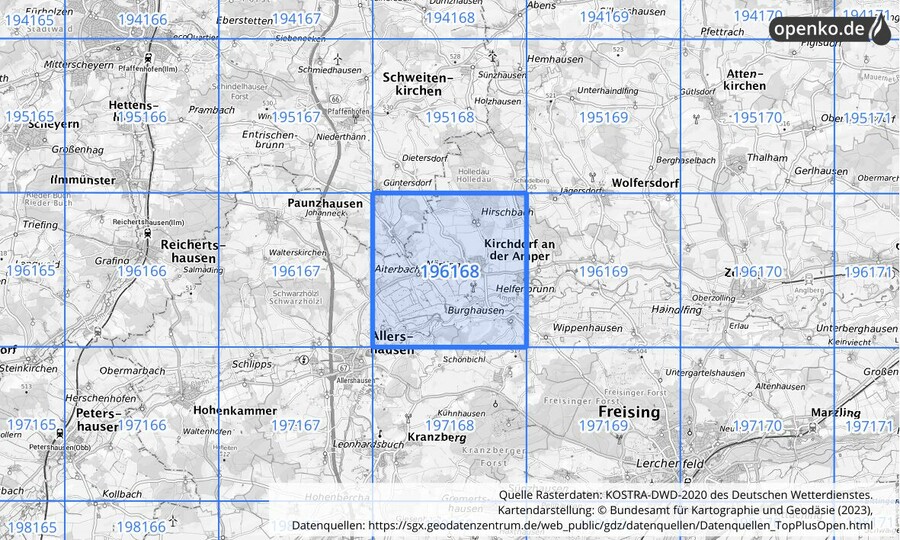 Übersichtskarte des KOSTRA-DWD-2020-Rasterfeldes Nr. 196168