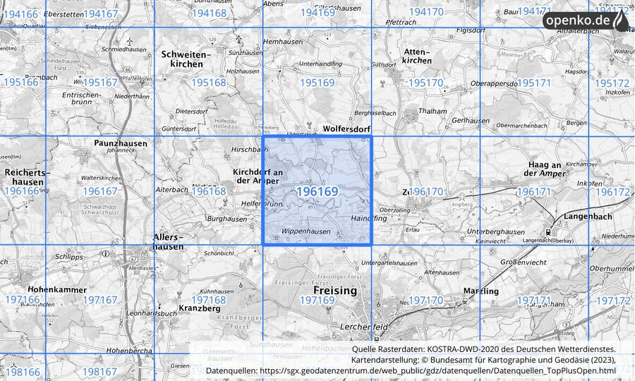 Übersichtskarte des KOSTRA-DWD-2020-Rasterfeldes Nr. 196169