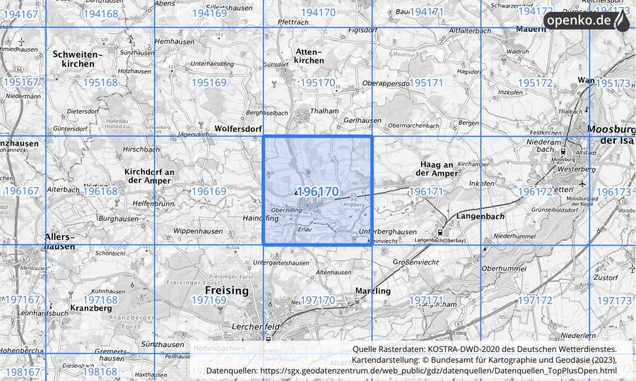 Übersichtskarte des KOSTRA-DWD-2020-Rasterfeldes Nr. 196170