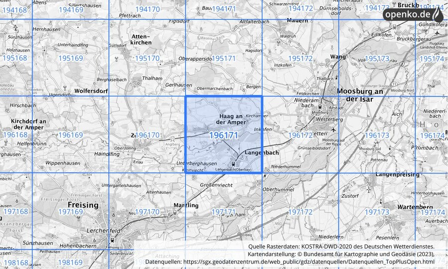 Übersichtskarte des KOSTRA-DWD-2020-Rasterfeldes Nr. 196171