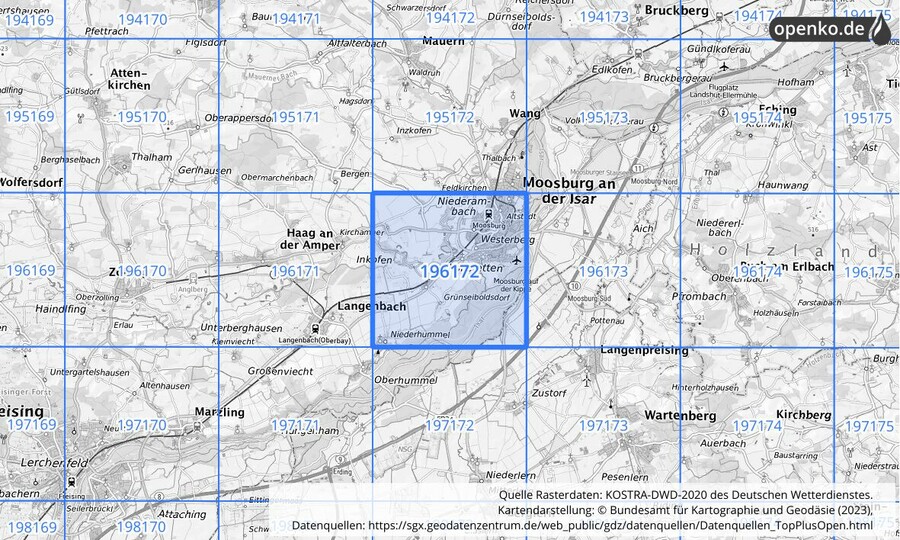 Übersichtskarte des KOSTRA-DWD-2020-Rasterfeldes Nr. 196172