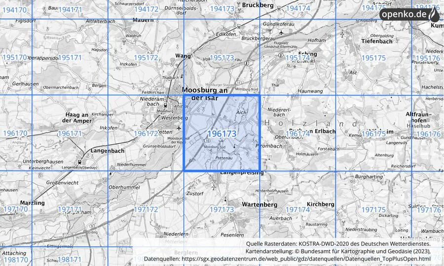 Übersichtskarte des KOSTRA-DWD-2020-Rasterfeldes Nr. 196173