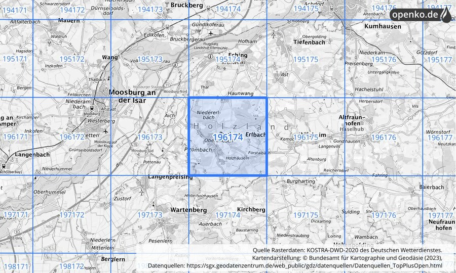 Übersichtskarte des KOSTRA-DWD-2020-Rasterfeldes Nr. 196174