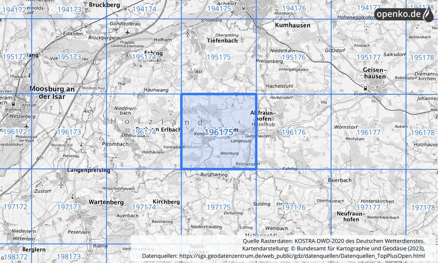 Übersichtskarte des KOSTRA-DWD-2020-Rasterfeldes Nr. 196175