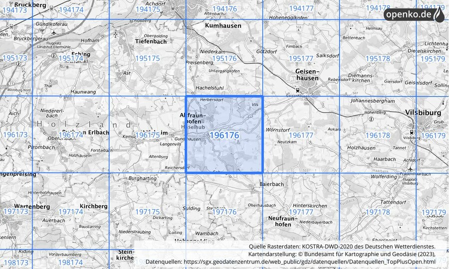 Übersichtskarte des KOSTRA-DWD-2020-Rasterfeldes Nr. 196176