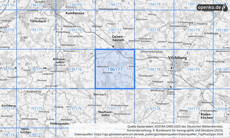 Übersichtskarte des KOSTRA-DWD-2020-Rasterfeldes Nr. 196177