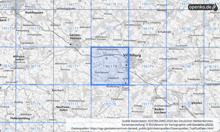 Übersichtskarte des KOSTRA-DWD-2020-Rasterfeldes Nr. 196178
