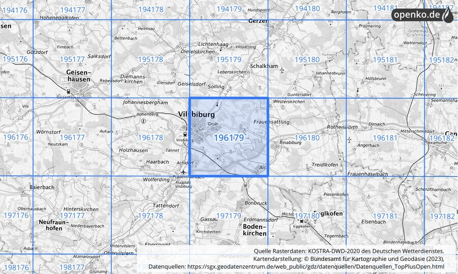 Übersichtskarte des KOSTRA-DWD-2020-Rasterfeldes Nr. 196179
