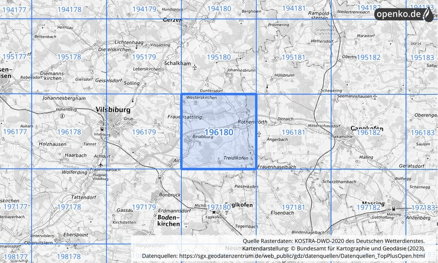 Übersichtskarte des KOSTRA-DWD-2020-Rasterfeldes Nr. 196180
