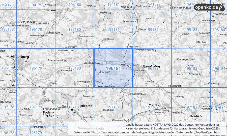 Übersichtskarte des KOSTRA-DWD-2020-Rasterfeldes Nr. 196181