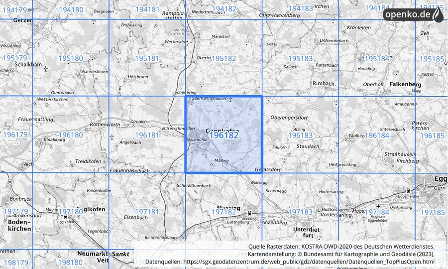 Übersichtskarte des KOSTRA-DWD-2020-Rasterfeldes Nr. 196182