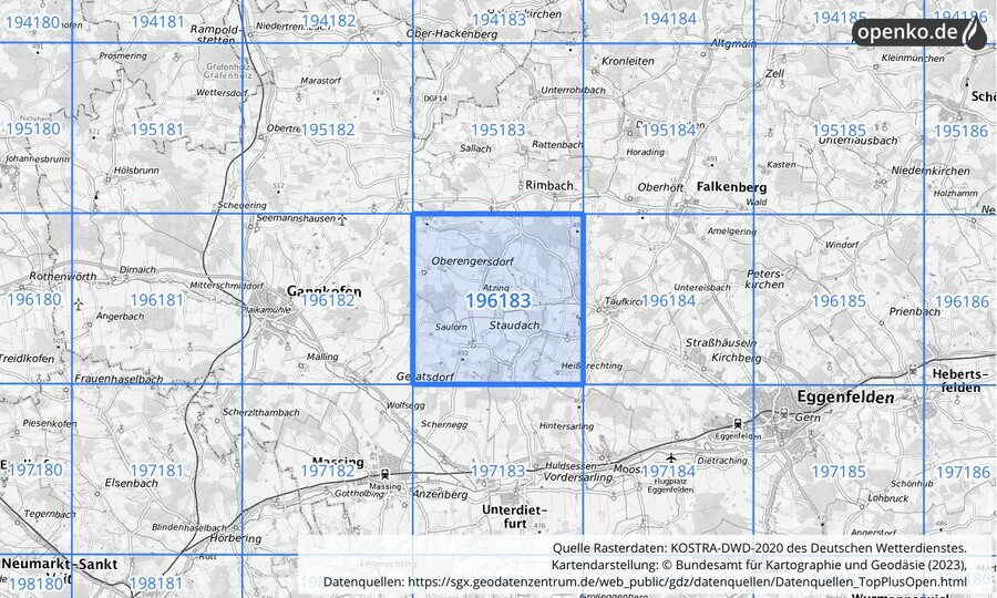 Übersichtskarte des KOSTRA-DWD-2020-Rasterfeldes Nr. 196183