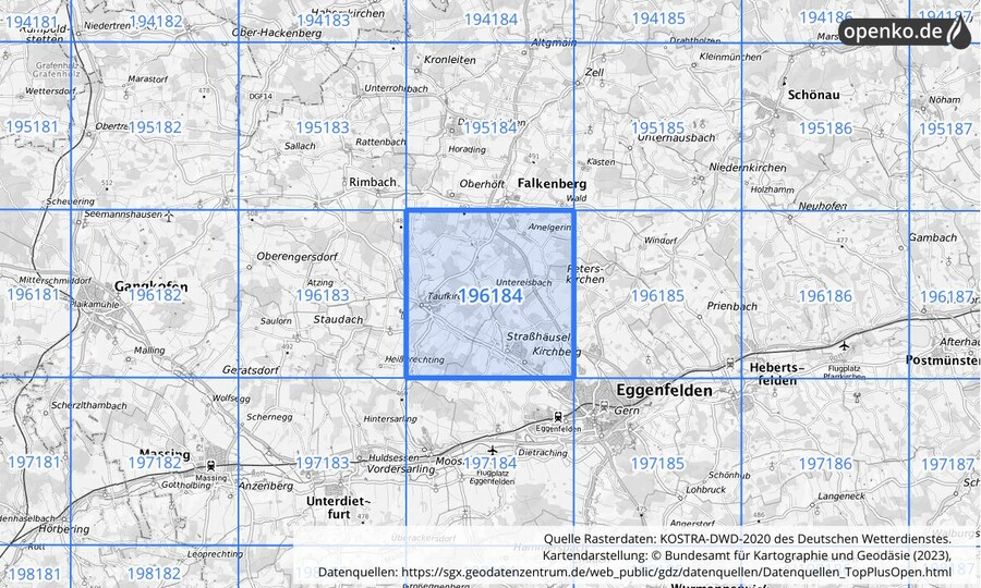 Übersichtskarte des KOSTRA-DWD-2020-Rasterfeldes Nr. 196184