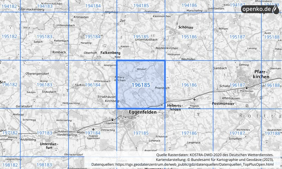 Übersichtskarte des KOSTRA-DWD-2020-Rasterfeldes Nr. 196185