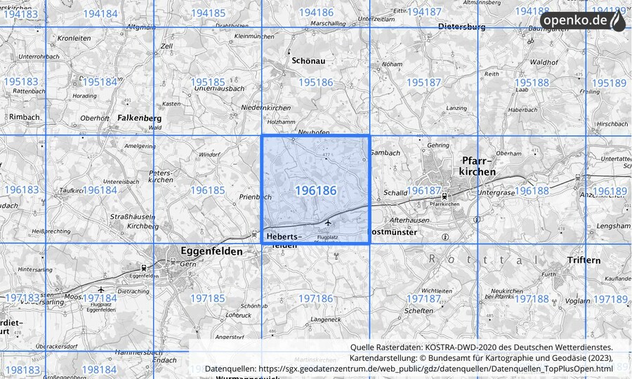 Übersichtskarte des KOSTRA-DWD-2020-Rasterfeldes Nr. 196186