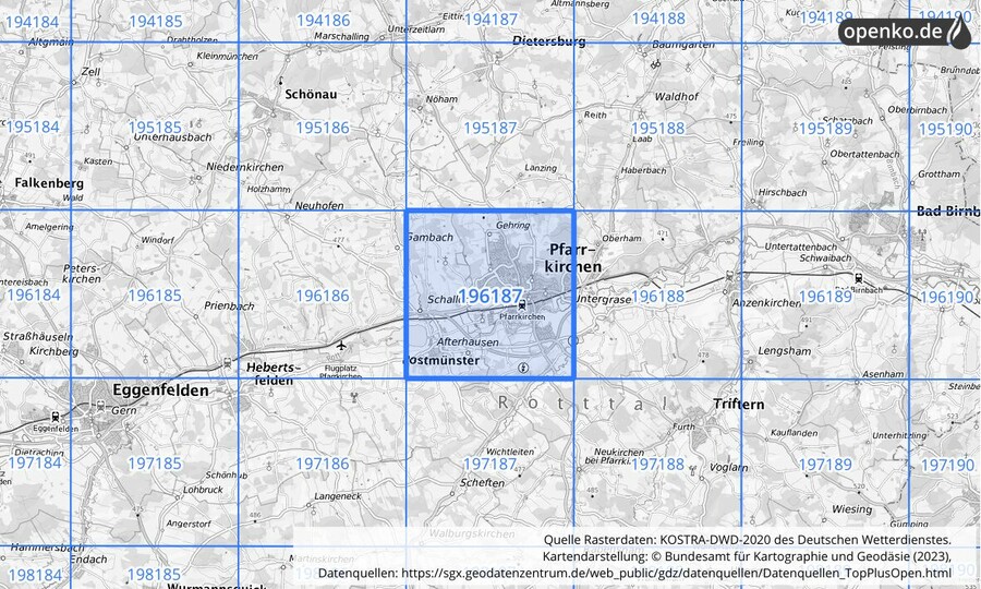 Übersichtskarte des KOSTRA-DWD-2020-Rasterfeldes Nr. 196187