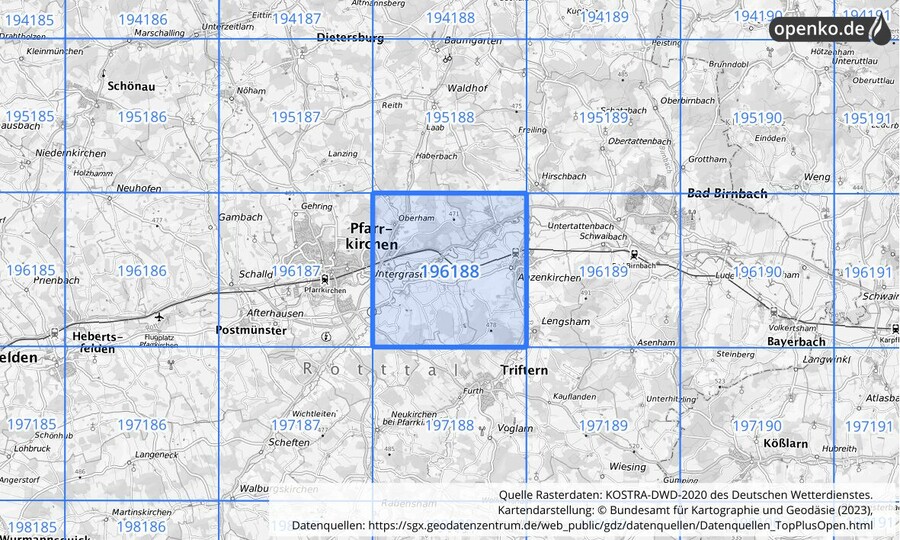 Übersichtskarte des KOSTRA-DWD-2020-Rasterfeldes Nr. 196188