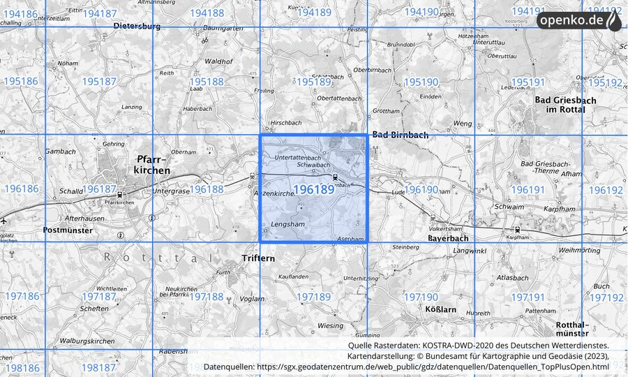 Übersichtskarte des KOSTRA-DWD-2020-Rasterfeldes Nr. 196189