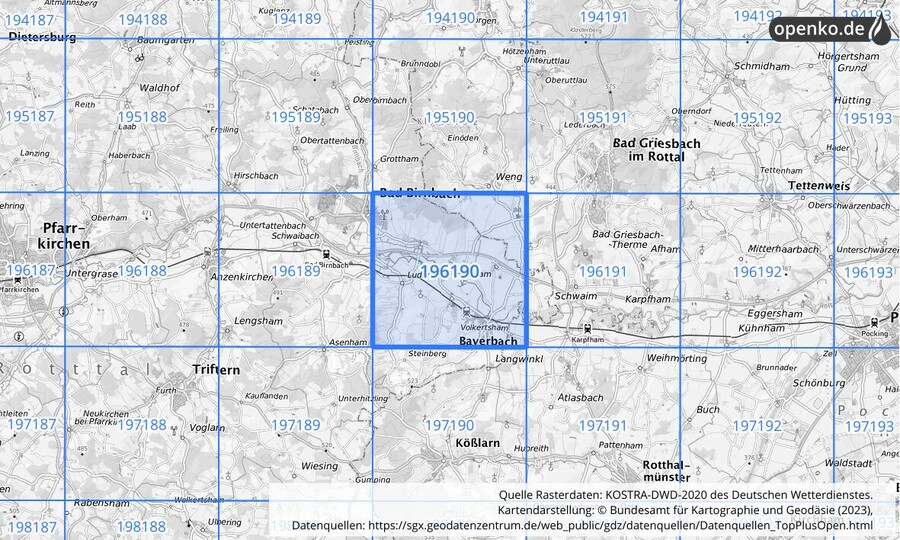 Übersichtskarte des KOSTRA-DWD-2020-Rasterfeldes Nr. 196190