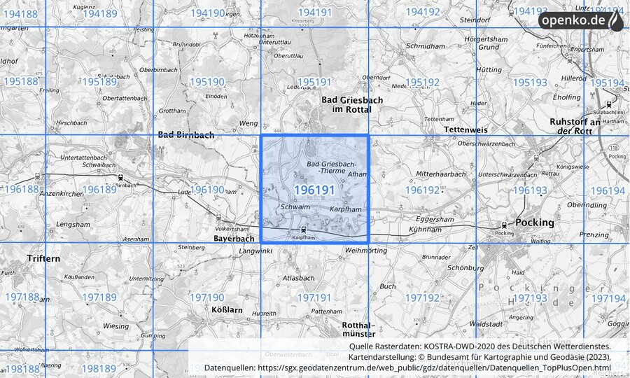 Übersichtskarte des KOSTRA-DWD-2020-Rasterfeldes Nr. 196191