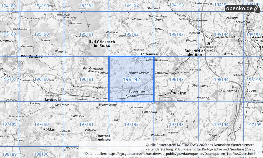 Übersichtskarte des KOSTRA-DWD-2020-Rasterfeldes Nr. 196192
