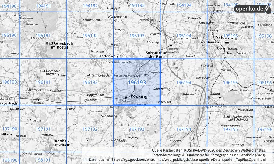 Übersichtskarte des KOSTRA-DWD-2020-Rasterfeldes Nr. 196193
