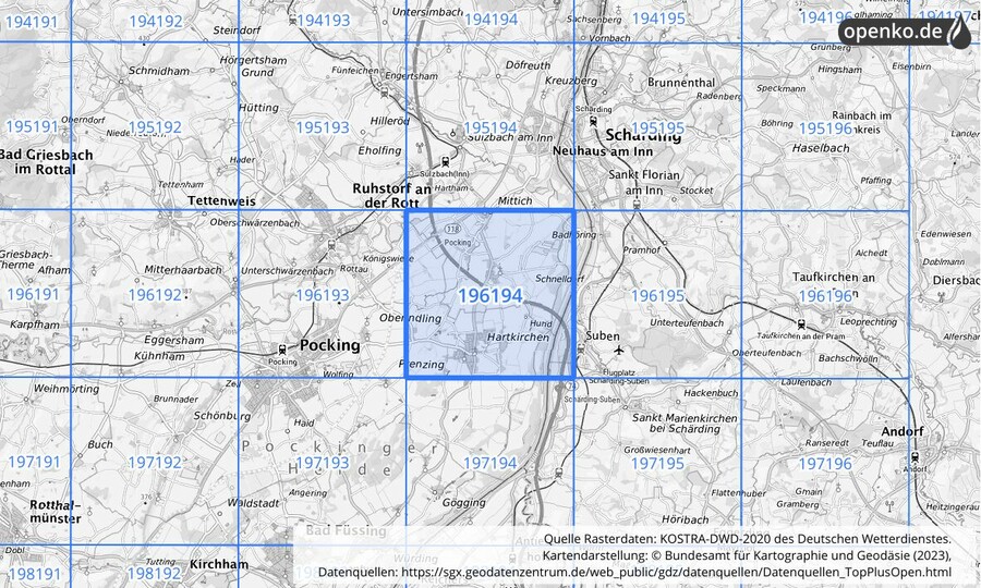 Übersichtskarte des KOSTRA-DWD-2020-Rasterfeldes Nr. 196194
