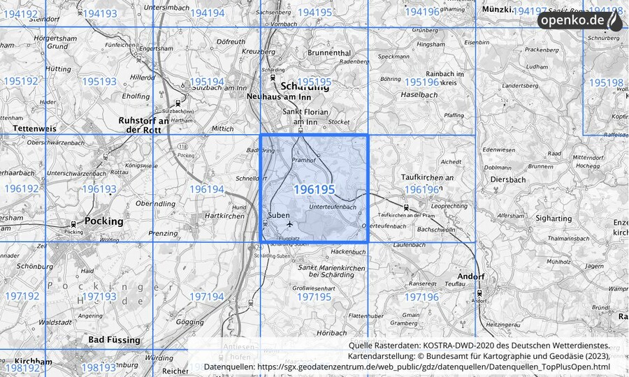 Übersichtskarte des KOSTRA-DWD-2020-Rasterfeldes Nr. 196195