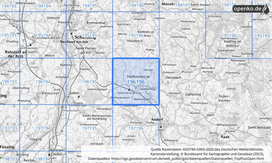 Übersichtskarte des KOSTRA-DWD-2020-Rasterfeldes Nr. 196196