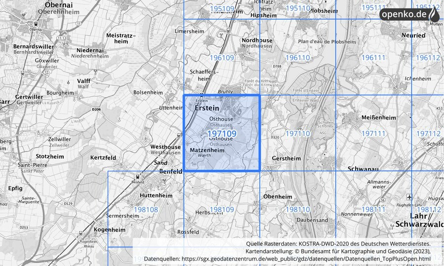 Übersichtskarte des KOSTRA-DWD-2020-Rasterfeldes Nr. 197109