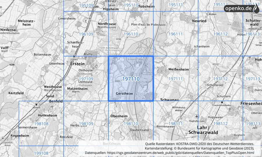 Übersichtskarte des KOSTRA-DWD-2020-Rasterfeldes Nr. 197110