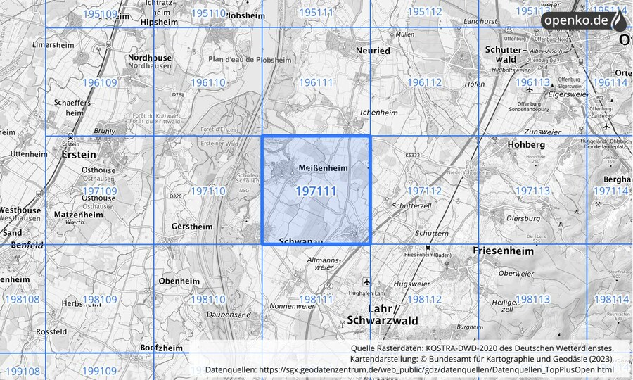 Übersichtskarte des KOSTRA-DWD-2020-Rasterfeldes Nr. 197111