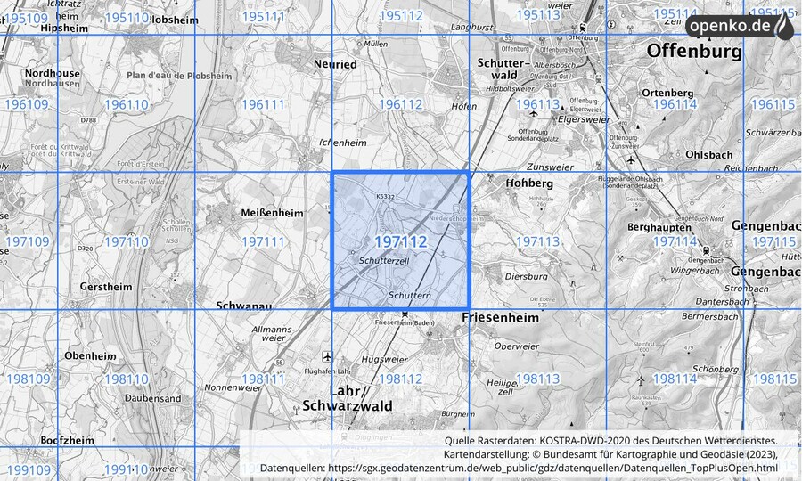 Übersichtskarte des KOSTRA-DWD-2020-Rasterfeldes Nr. 197112