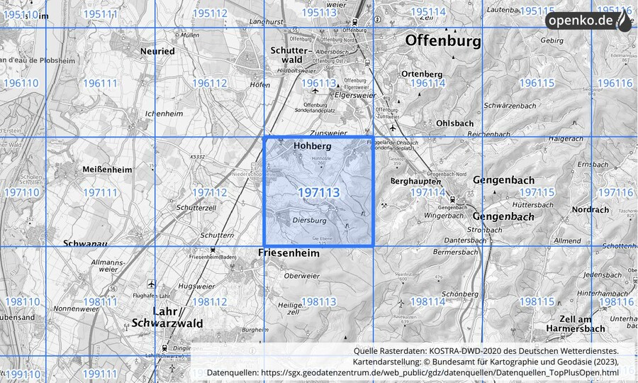 Übersichtskarte des KOSTRA-DWD-2020-Rasterfeldes Nr. 197113