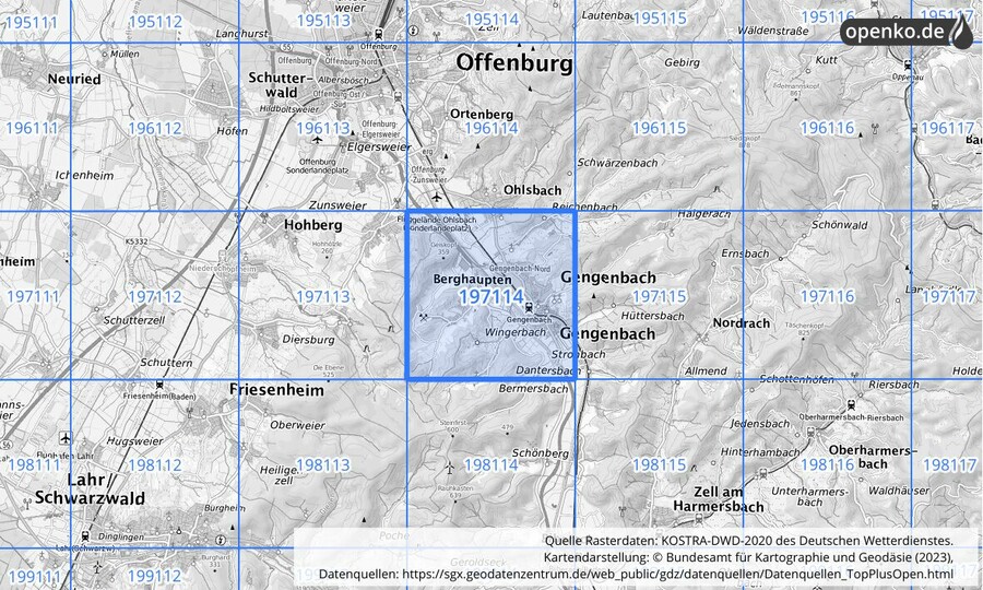 Übersichtskarte des KOSTRA-DWD-2020-Rasterfeldes Nr. 197114