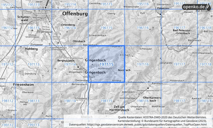 Übersichtskarte des KOSTRA-DWD-2020-Rasterfeldes Nr. 197115