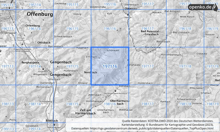 Übersichtskarte des KOSTRA-DWD-2020-Rasterfeldes Nr. 197116