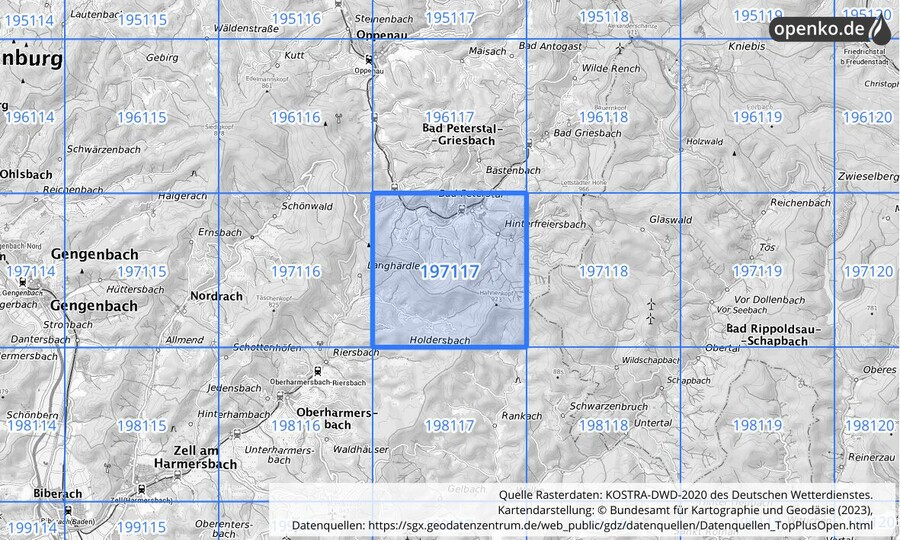 Übersichtskarte des KOSTRA-DWD-2020-Rasterfeldes Nr. 197117