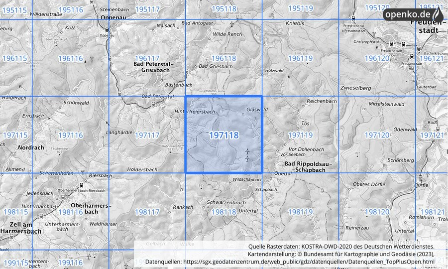 Übersichtskarte des KOSTRA-DWD-2020-Rasterfeldes Nr. 197118