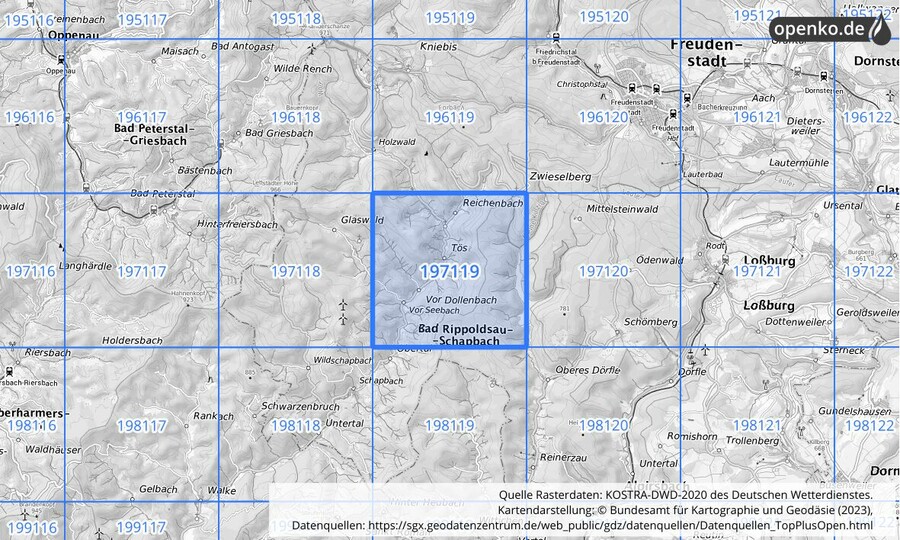 Übersichtskarte des KOSTRA-DWD-2020-Rasterfeldes Nr. 197119
