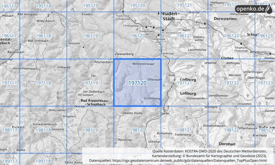 Übersichtskarte des KOSTRA-DWD-2020-Rasterfeldes Nr. 197120