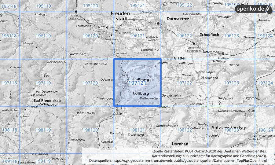 Übersichtskarte des KOSTRA-DWD-2020-Rasterfeldes Nr. 197121