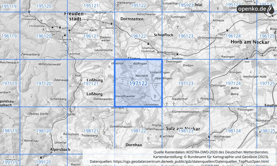 Übersichtskarte des KOSTRA-DWD-2020-Rasterfeldes Nr. 197122