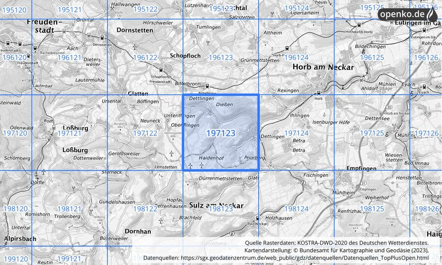Übersichtskarte des KOSTRA-DWD-2020-Rasterfeldes Nr. 197123